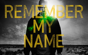 man in black jacket with remember my name text overlay, Breaking Bad, Bryan Cranston, Walter White, Heisenberg HD wallpaper