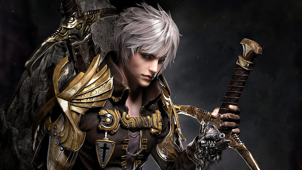 gray haired anime character, digital art, armor, warrior, sword HD wallpaper