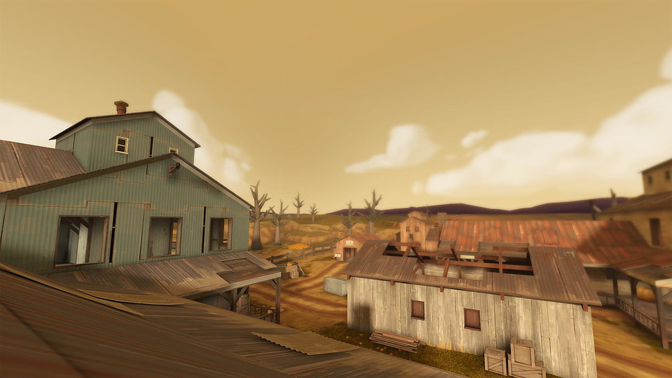 two teal and gray houses, Team Fortress 2, fall HD wallpaper