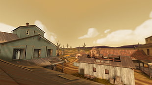 two teal and gray houses, Team Fortress 2, fall