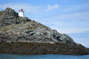 white and red lighthouse tower, water, coast, Canada, lighthouse