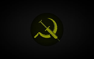 syringe and sickle logo, black background, USSR, minimalism, video games