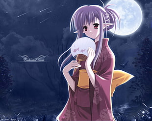 purple haired elf wearing kimono under the bright full moon during night time