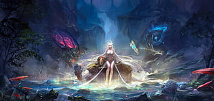long-haired girl game character sitting on bench surrounded by animal creatures painting