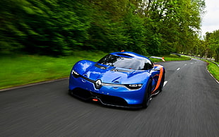 blue Renault sports car, car, Renault Alpine, Renault, road