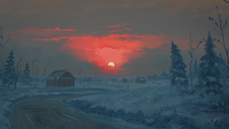 sunset and town covered with snow painting, sunset, digital art, winter, red HD wallpaper