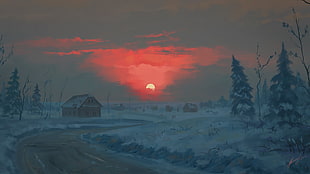 sunset and town covered with snow painting, sunset, digital art, winter, red