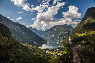 aerial photography of lake, geiranger HD wallpaper
