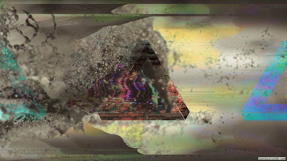 brown and green house near body of water painting, glitch art, abstract, triangle, smoke HD wallpaper