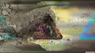 brown and green house near body of water painting, glitch art, abstract, triangle, smoke
