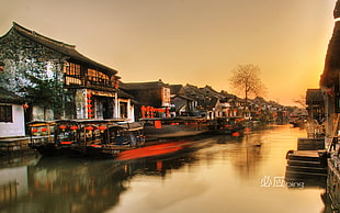 time-lapsed photo of street, boat, river HD wallpaper