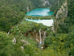 aerial view of waterfalls HD wallpaper