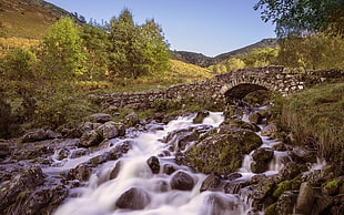 grey stone bridge, nature, hills, river, water