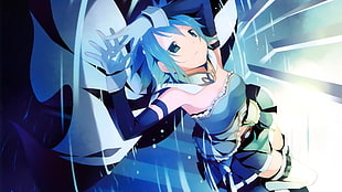 blue short haired female anime illustration