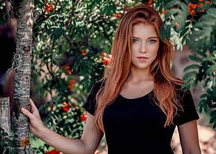 women, women outdoors, redhead, blue eyes HD wallpaper