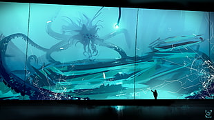 flat screen monitor, aquarium, digital art, glass