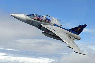 blue and white fighter jet, aircraft, military aircraft, JAS-39 Gripen, Swedish Air Force