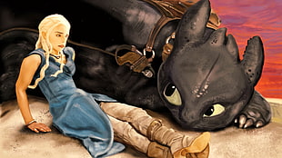 Game of Thrones Daenerys Targaryen sitting beside Toothless drawing HD wallpaper