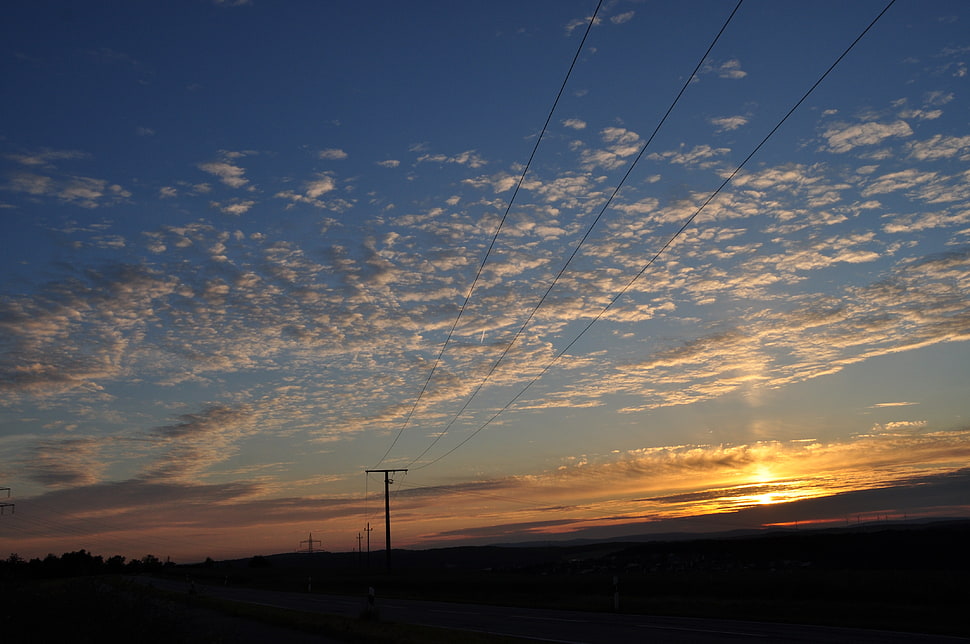 black transmission tower, sunset, sky, power lines, sunlight HD wallpaper