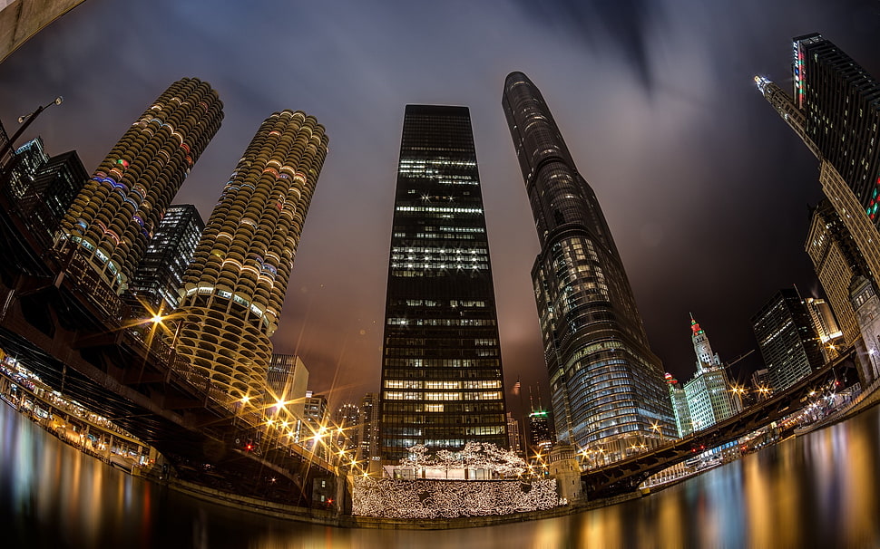 black building, cityscape, HDR, reflection, building HD wallpaper
