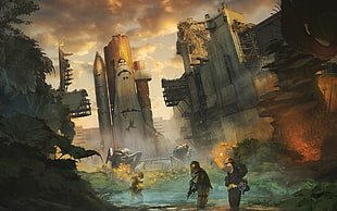 soldier stepping in body of water near building digital wallpaper, artwork, concept art, apocalyptic, space shuttle