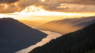 hills and river, sunrise, landscape HD wallpaper