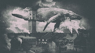 whale and houses greyscale illustration, whale, city, smoke, steampunk