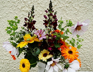 orange, white, purple, and red petaled flower arrangement in front of white wall