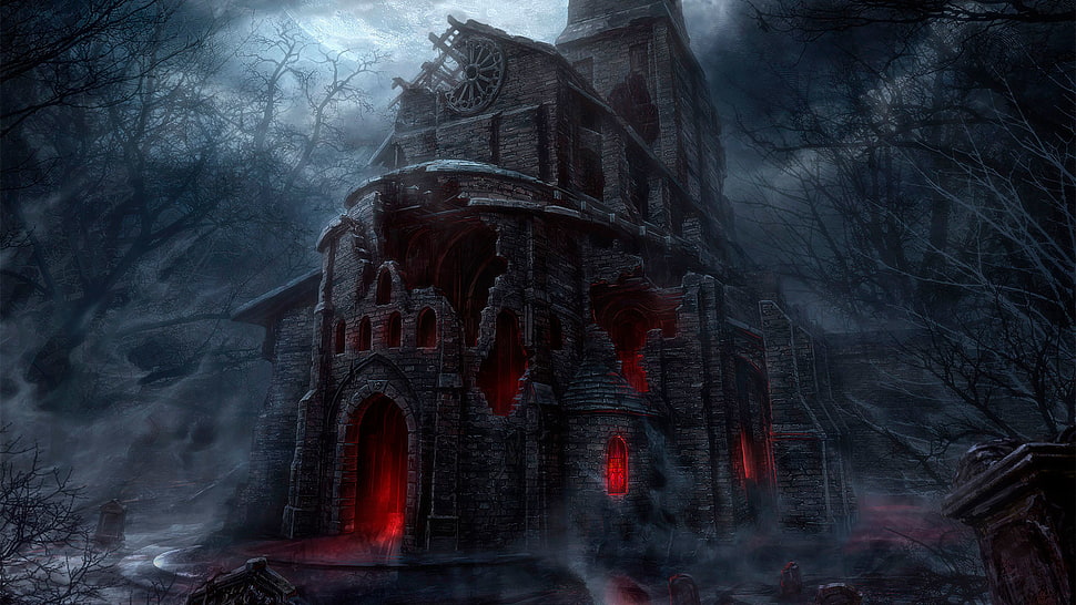 brown concrete house with red lights surrounded by black trees HD wallpaper