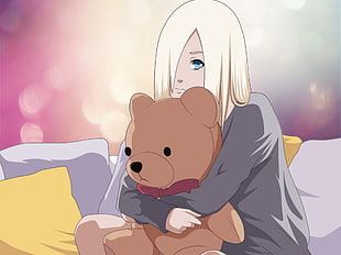 blonde haired female anime character hugging brown bear plush toy illustration
