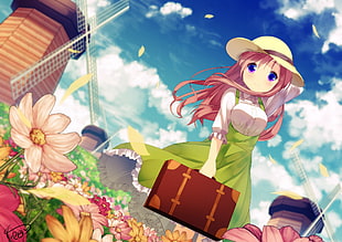 female anime character digital wallpaper, Gochuumon wa Usagi Desu ka, Hoto Mocha, flowers, straw hat