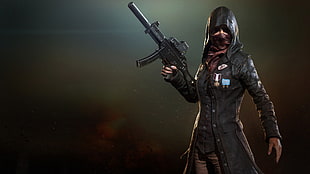 female game character holding UMP-45 SMG, video games