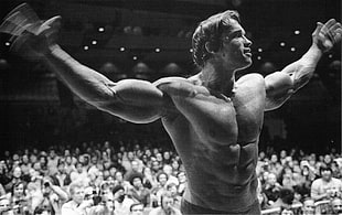 men's topless grayscale photo, Arnold Schwarzenegger, bodybuilding, Bodybuilder, working out HD wallpaper