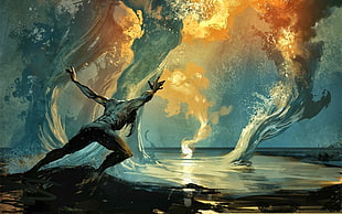 man opening arms infront of body of water painting, fantasy art, men, magic, artwork