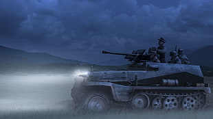 gray artillery vehicle, World War II, German Army, half track, digital art