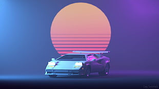 white coupe, Lamborghini, Retro, Neon