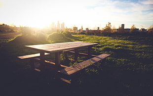 brown wooden picnic table set, table, sunlight, photography, city HD wallpaper