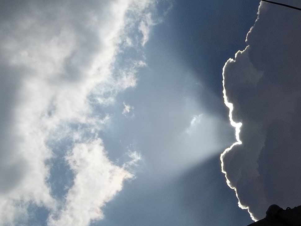 white and black stone fragment, clouds, lights, sky, flashlight HD wallpaper