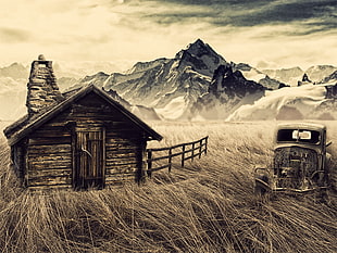 brown cabin, cabin, mountains, old car, fence HD wallpaper