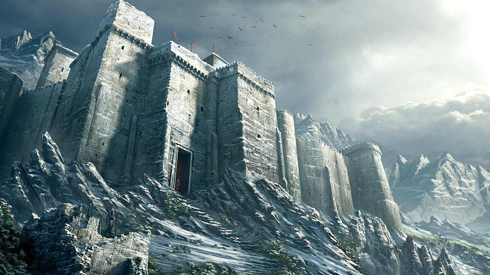 gray castle, fantasy art, digital art, castle, snow HD wallpaper