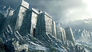 gray castle, fantasy art, digital art, castle, snow