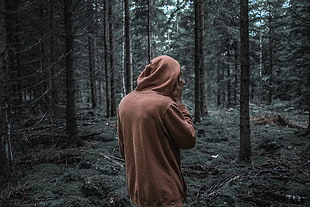 men's brown hoodie, Man, Forest, Hoodie HD wallpaper