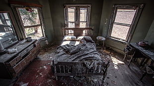 gray comforter, indoors, abandoned