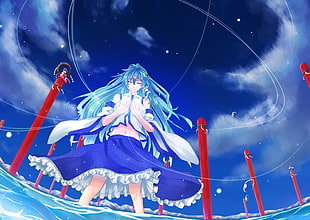 blue haired female anime character illustration