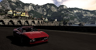 red super car on gray road with view of gray concrete bridge