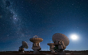 three white land satellites, telescope, stars, sky