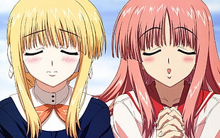 yellow and pink haired female anime characters both eyes close
