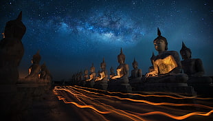 Buddha statues, statue, stars, Buddha, Buddhism HD wallpaper