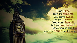 Big Ben with text overlay, quote, Big Ben, London, time HD wallpaper