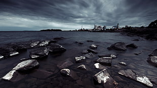 black rocks, nature, sea, water, city HD wallpaper